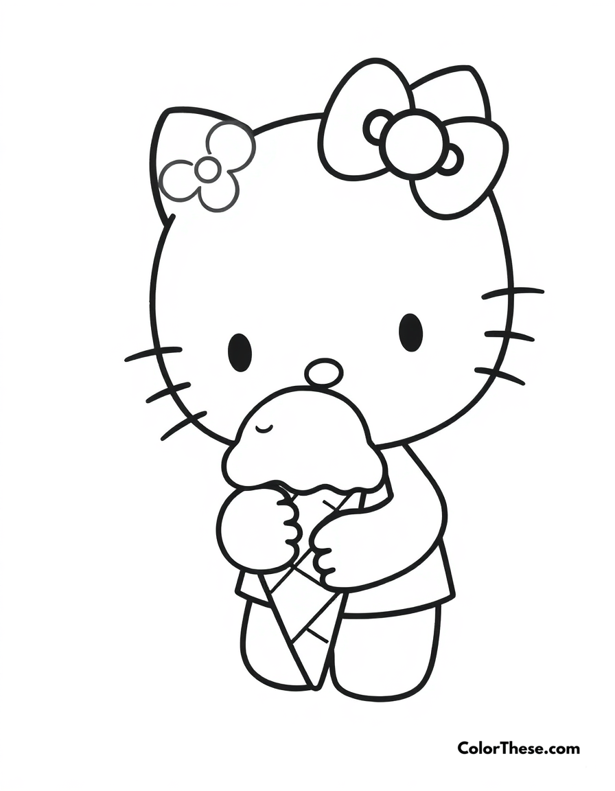 Free printable hello kitty eating ice cream coloring page for kids and adults - A hello kitty (sanrio) enjoying a delicious ice cream cone.