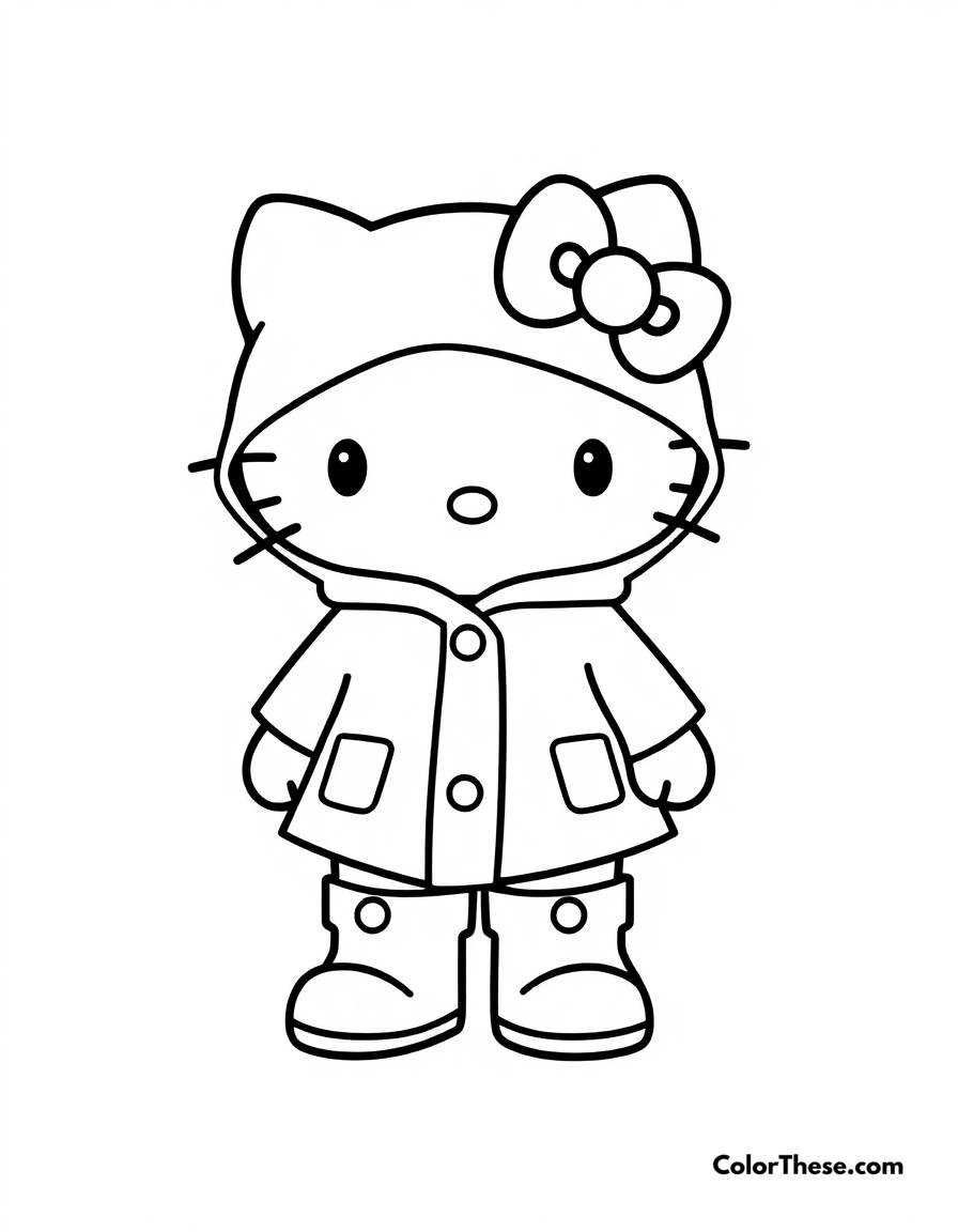 Free printable hello kitty in a raincoat coloring page for kids and adults - A hello kitty (sanrio) wearing a cute raincoat and boots.