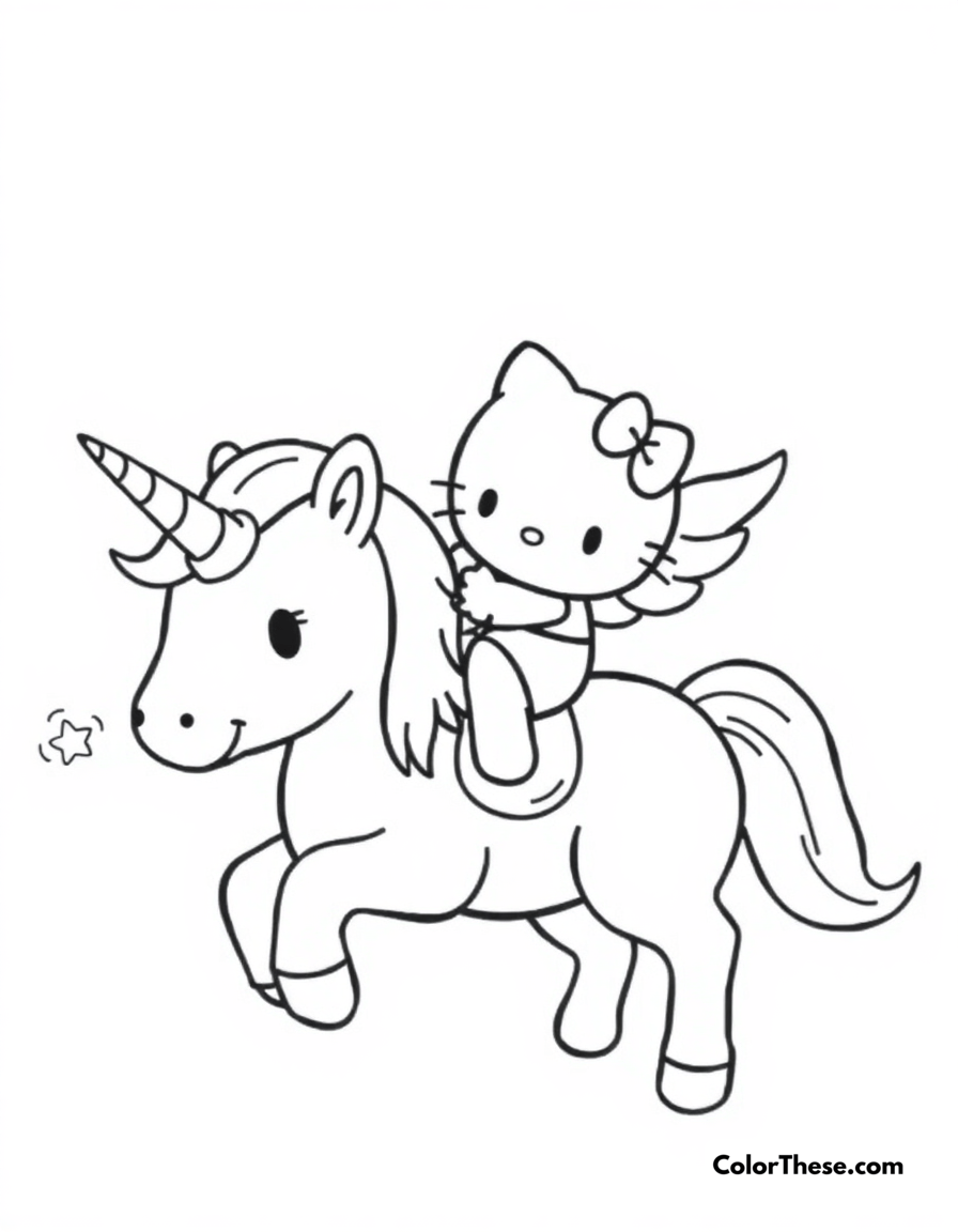 Free printable hello kitty riding a unicorn coloring page for kids and adults - A hello kitty (sanrio) riding a magical unicorn.