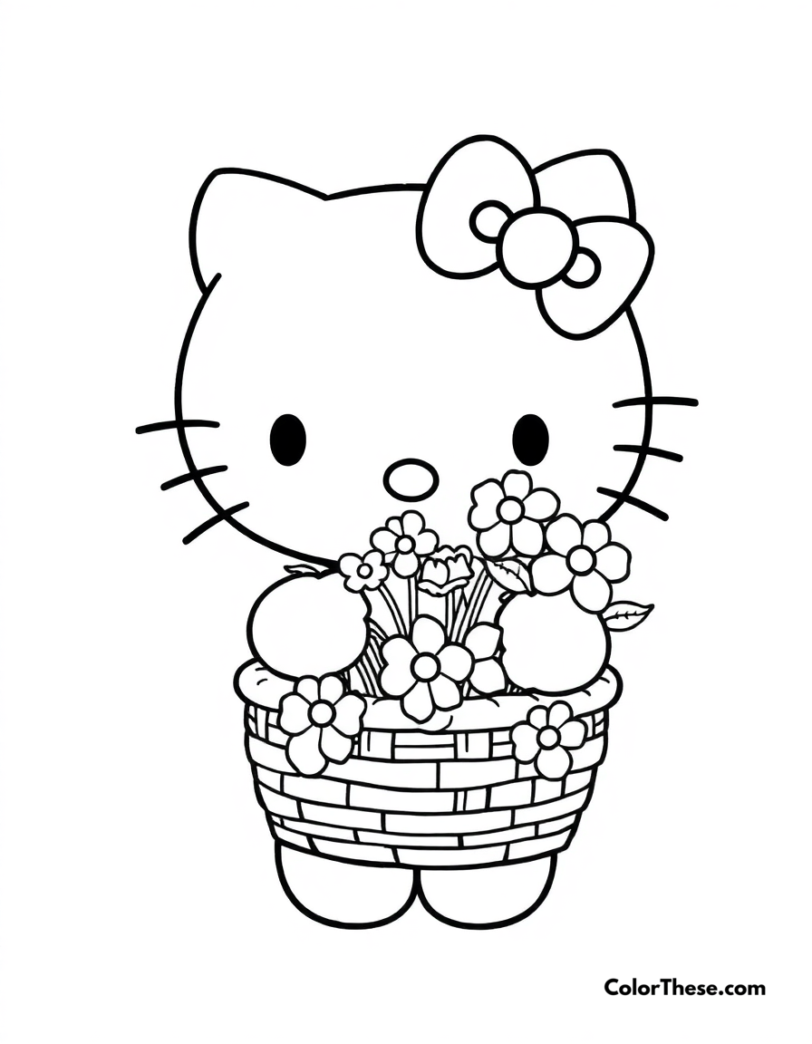 Free printable hello kitty with a basket of flowers coloring page for kids and adults - A hello kitty (sanrio) holding a basket full of flowers.