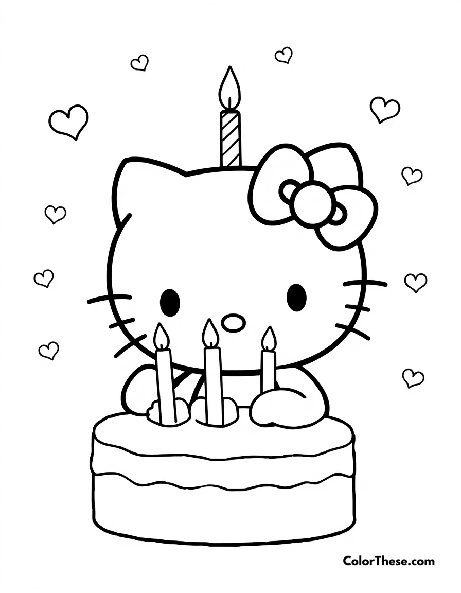 Free printable hello kitty with a birthday cake coloring page for kids and adults - A hello kitty (sanrio) celebrating with a birthday cake.