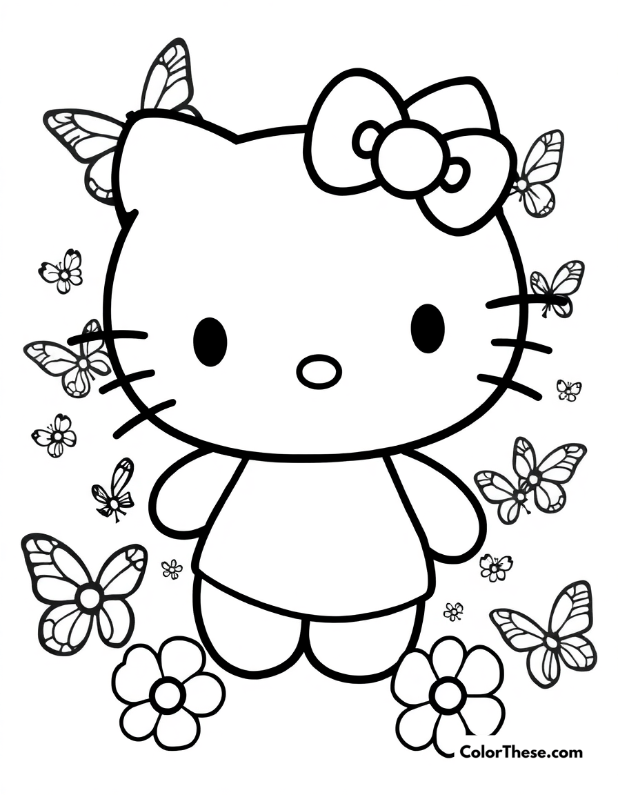 Free printable hello kitty with a butterfly coloring page for kids and adults - A hello kitty (sanrio) surrounded by butterflies.