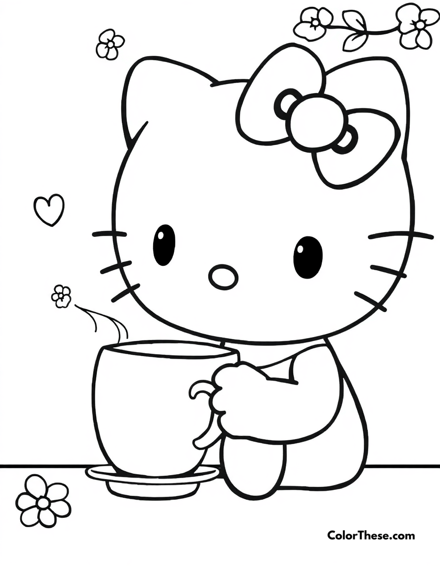 Free printable hello kitty with a cup of tea coloring page for kids and adults - A hello kitty (sanrio) enjoying a cup of tea.