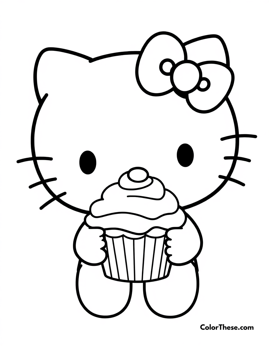 Free printable hello kitty with a cupcake coloring page for kids and adults - A hello kitty (sanrio) holding a cute cupcake.