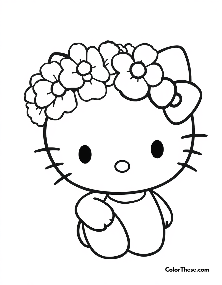 Free printable hello kitty with a flower crown coloring page for kids and adults - A hello kitty (sanrio) wearing a beautiful flower crown.