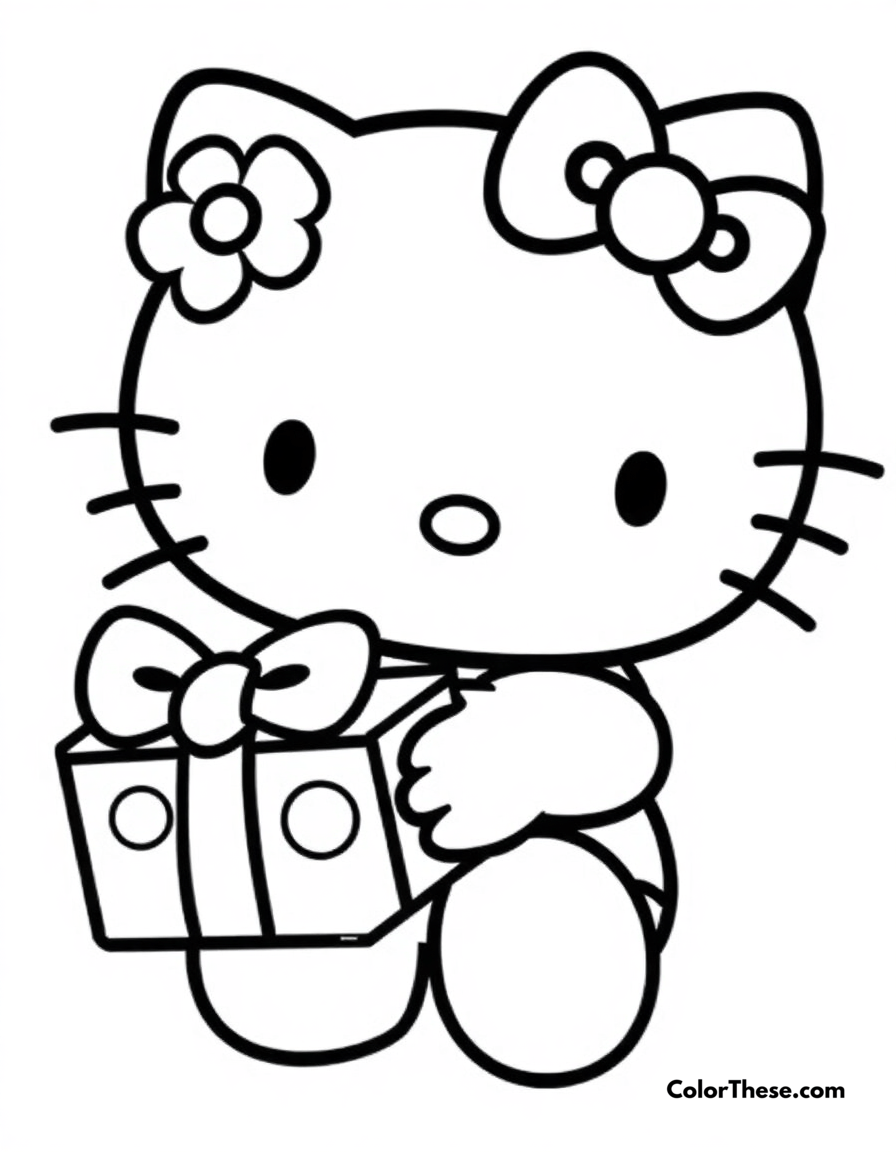 Free printable hello kitty with a gift box coloring page for kids and adults - A hello kitty (sanrio) holding a beautifully wrapped gift box.