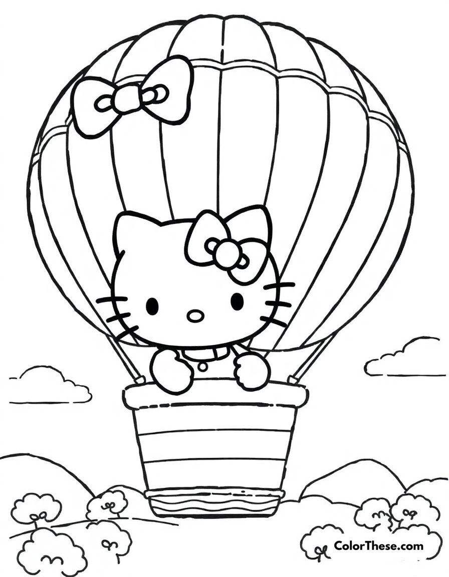 Free printable hello kitty with a hot air balloon coloring page for kids and adults - A hello kitty (sanrio) riding in a hot air balloon.