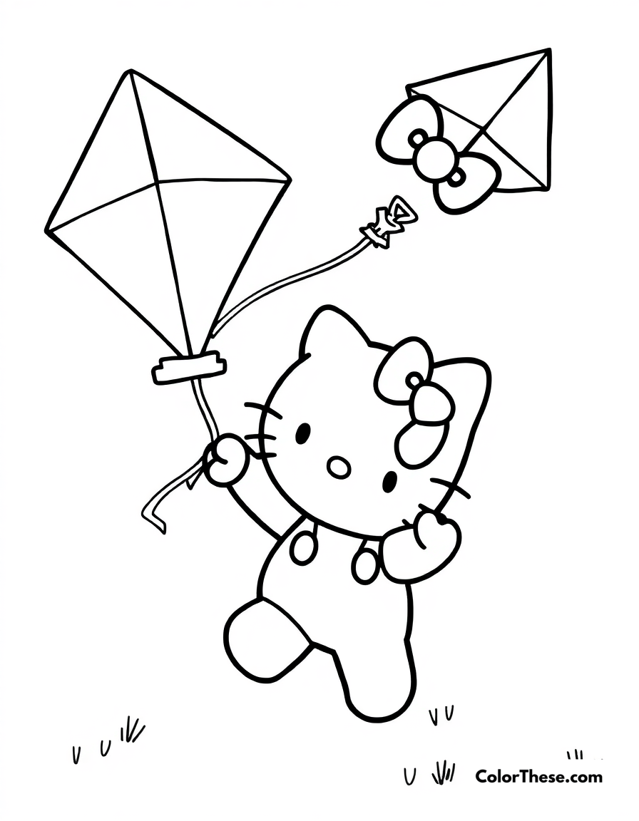 Free printable hello kitty with a kite coloring page for kids and adults - A hello kitty (sanrio) flying a colorful kite.