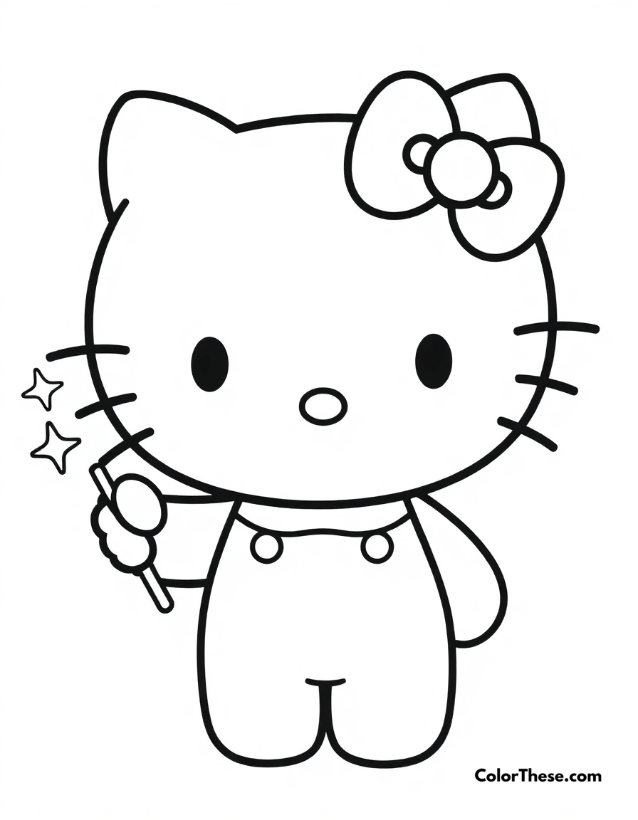 Free printable hello kitty with a magic wand coloring page for kids and adults - A hello kitty (sanrio) holding a sparkling magic wand.