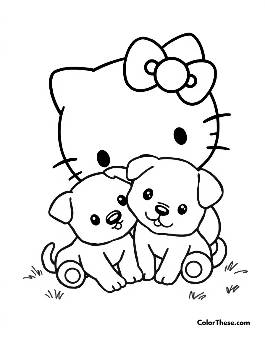 Free printable hello kitty with a puppy coloring page for kids and adults - A hello kitty (sanrio) playing with an adorable puppy.