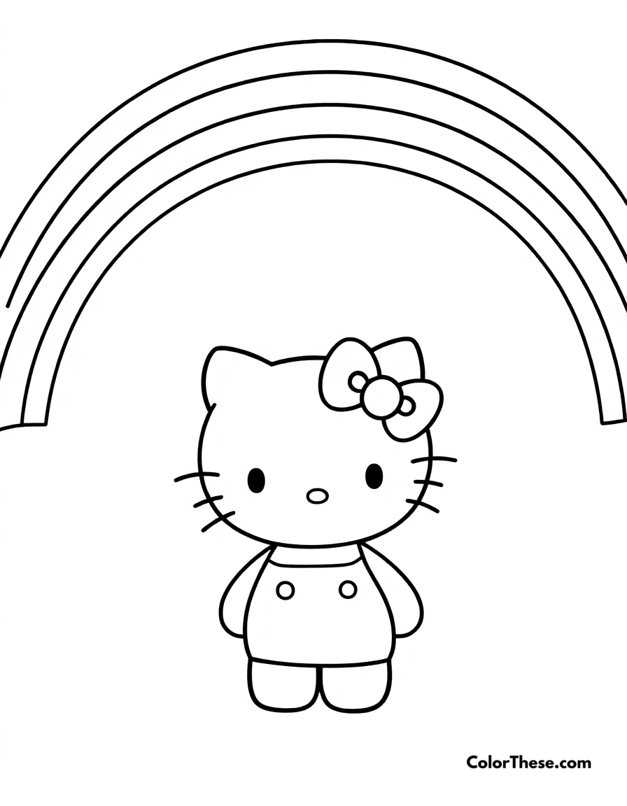 Free printable hello kitty with a rainbow coloring page for kids and adults - A hello kitty (sanrio) standing under a colorful rainbow.