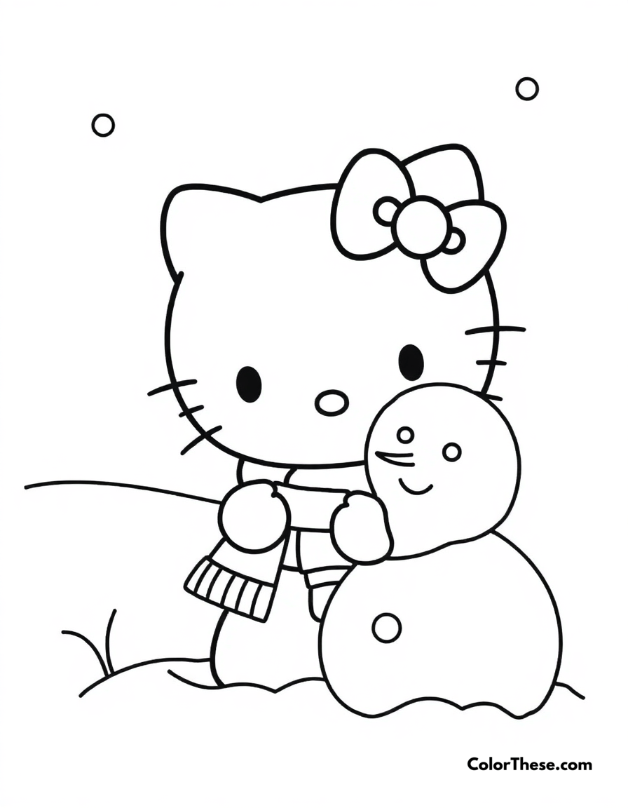 Free printable hello kitty with a snowman coloring page for kids and adults - A hello kitty (sanrio) building a snowman in the winter.