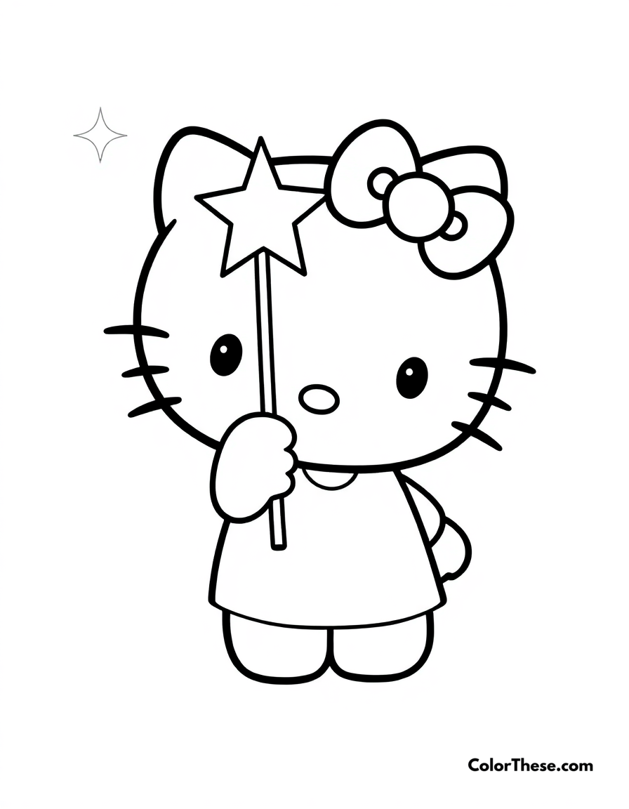 Free printable hello kitty with a star wand coloring page for kids and adults - A hello kitty (sanrio) holding a magical star wand.