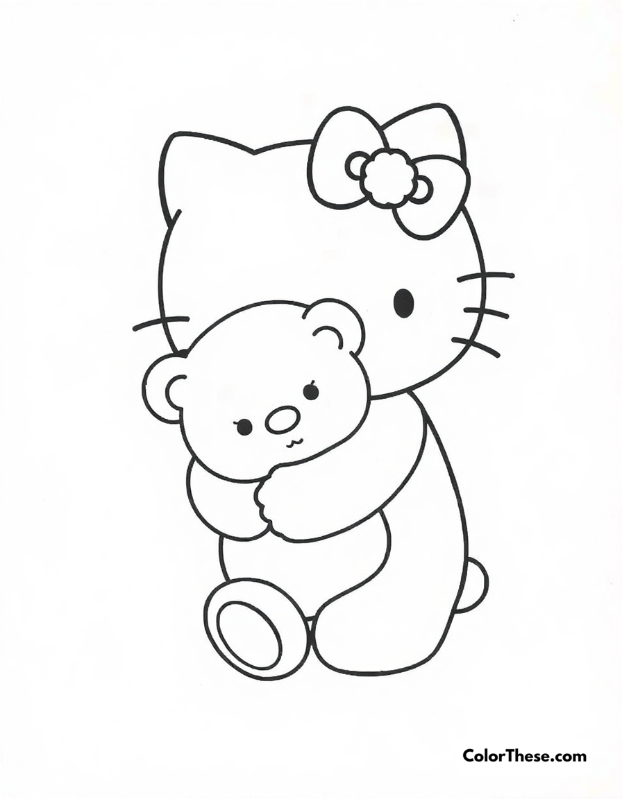 Free printable hello kitty with a teddy bear coloring page for kids and adults - A hello kitty (sanrio) hugging a cute teddy bear.