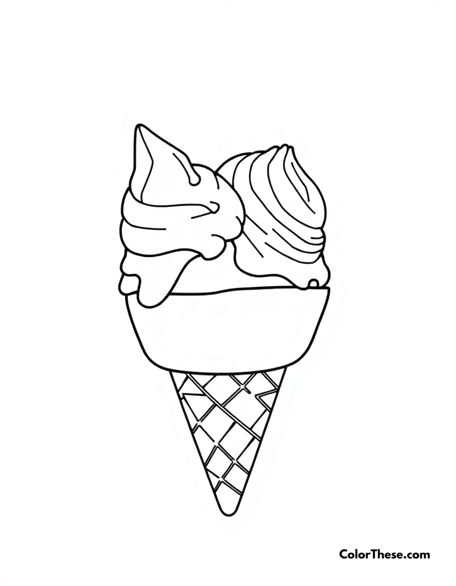 Free printable double scoop ice cream cone coloring page for kids and adults - A an ice cream cone with two delicious scoops.