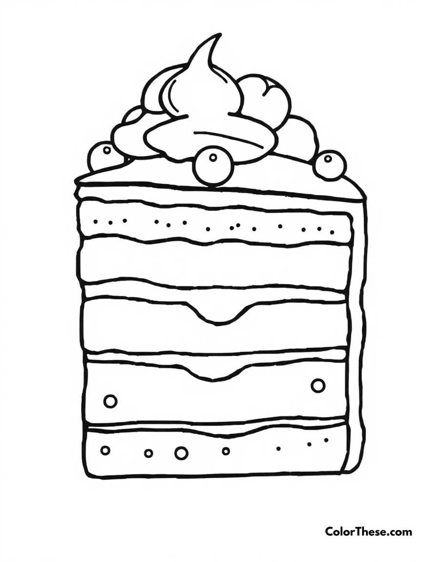 Free printable ice cream cake coloring page for kids and adults - A a slice of ice cream cake with layers and toppings.