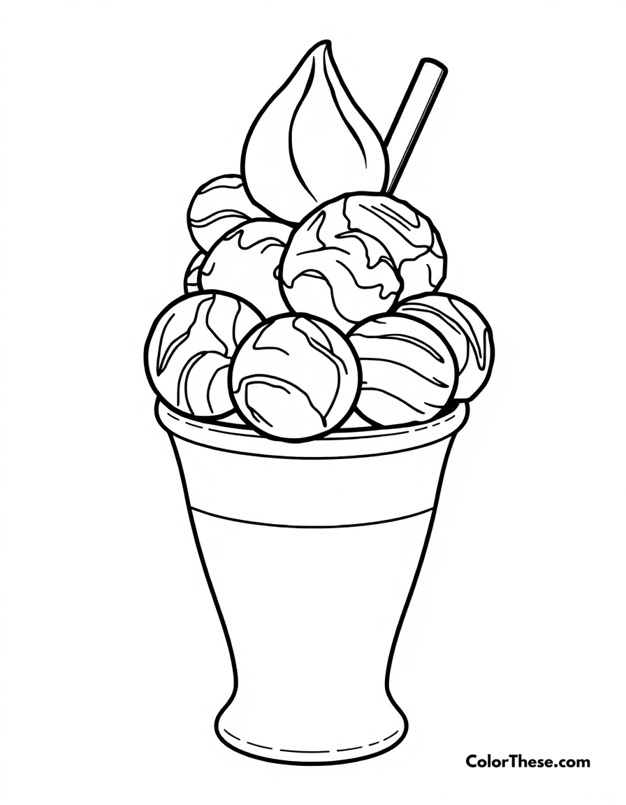 Free printable ice cream cup coloring page for kids and adults - A a cup filled with multiple ice cream scoops.