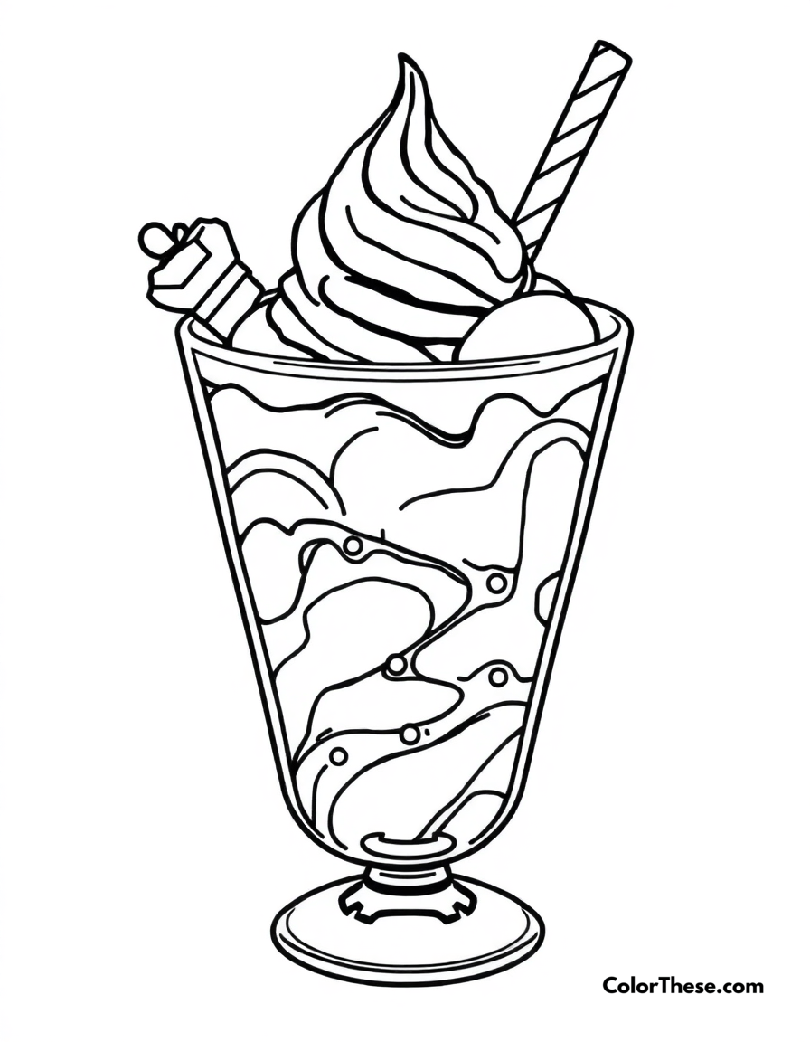 Free printable ice cream float coloring page for kids and adults - A a refreshing ice cream float in a glass.