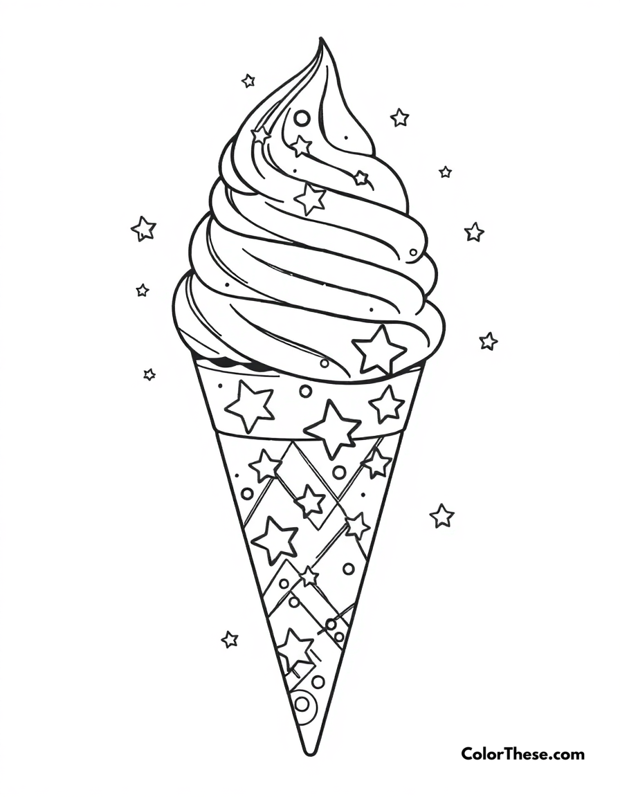 Free printable ice cream galaxy coloring page for kids and adults - A a galaxy-themed ice cream cone with stars and swirls.