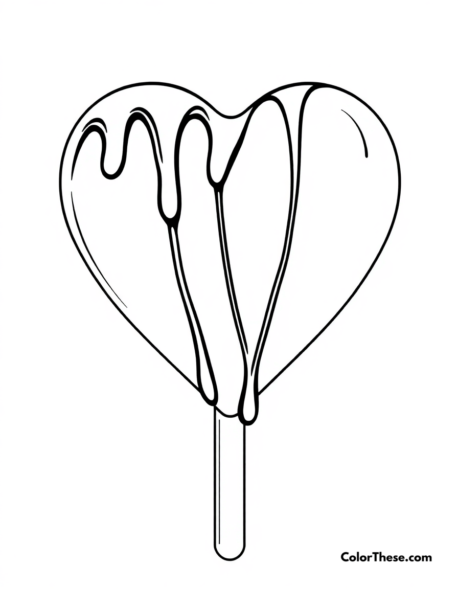 Free printable ice cream heart coloring page for kids and adults - A a heart-shaped ice cream pop with chocolate drizzle.