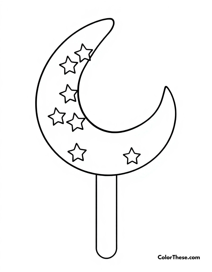 Free printable ice cream moon coloring page for kids and adults - A a crescent moon-shaped ice cream pop with stars.