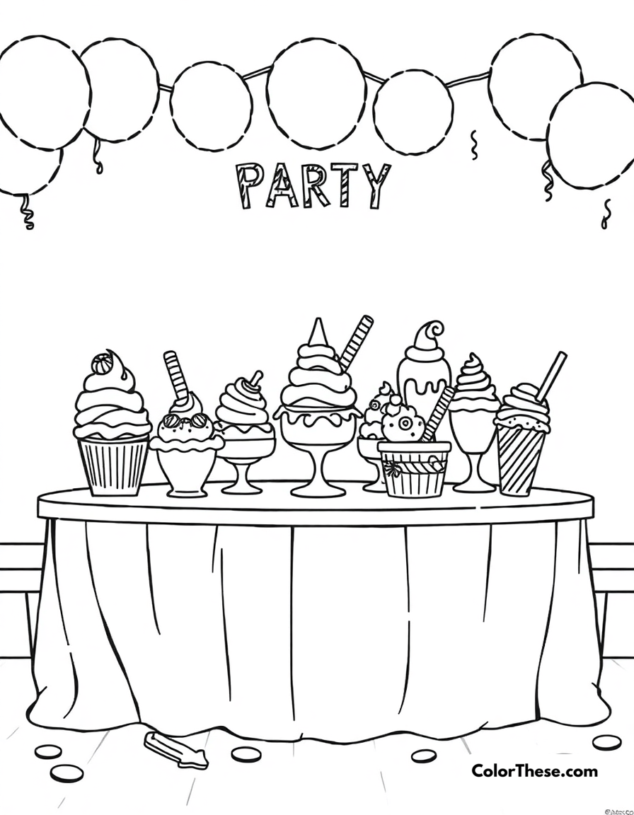 Free printable ice cream party coloring page for kids and adults - A a table full of ice cream treats for a party.