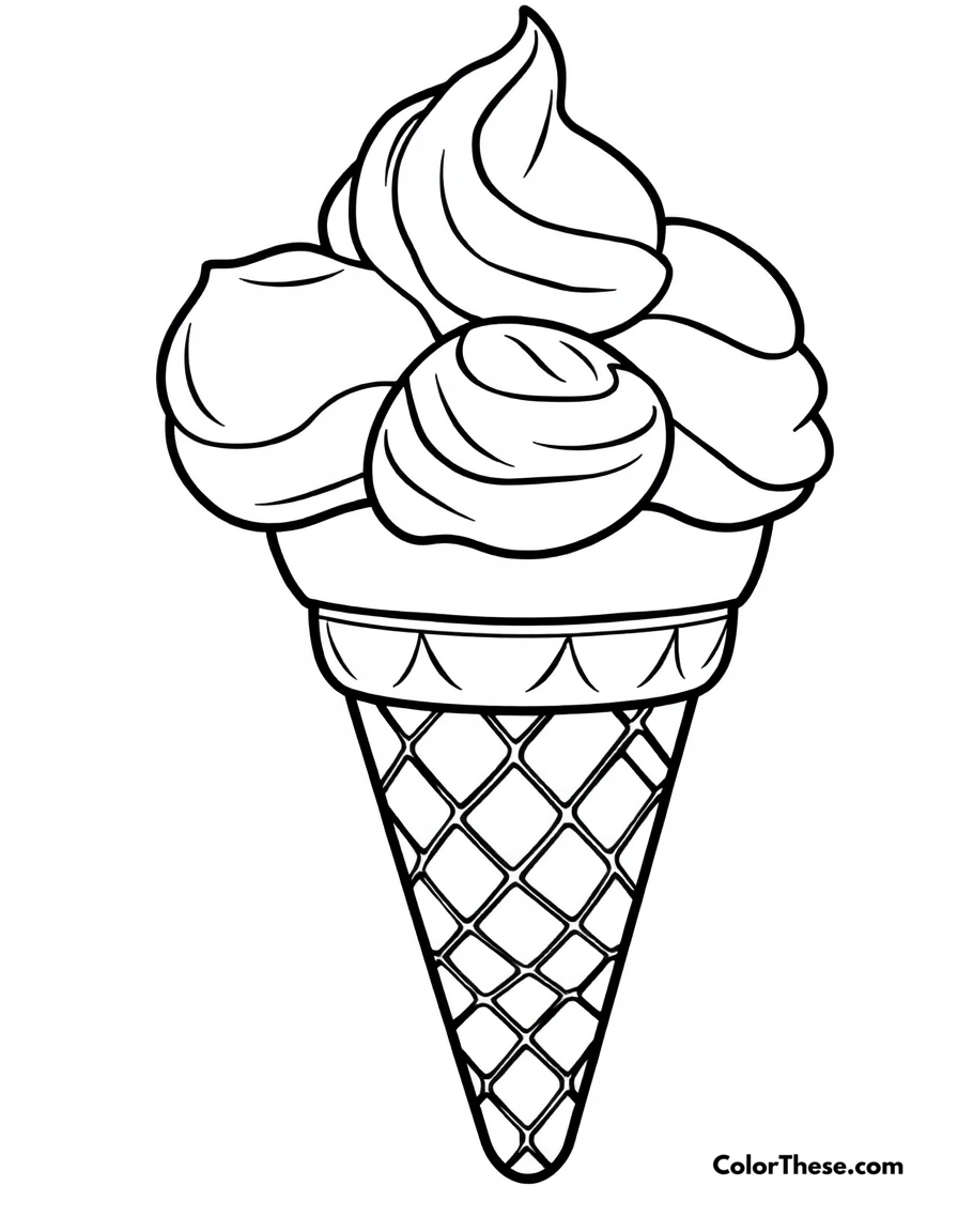 Free printable ice cream rainbow coloring page for kids and adults - A a rainbow-themed ice cream cone with vibrant scoops.