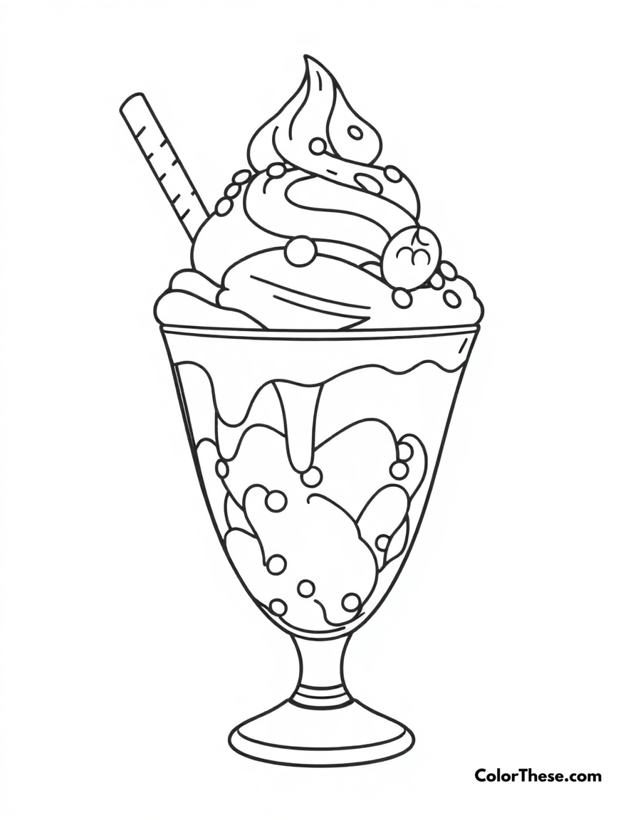 Free printable ice cream sundae coloring page for kids and adults - A a delicious ice cream sundae with toppings.