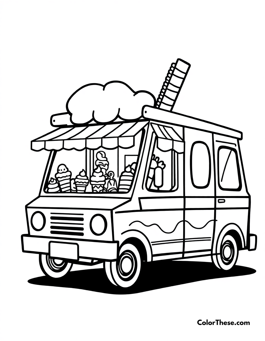 Free printable ice cream truck coloring page for kids and adults - A a cheerful ice cream truck serving treats.