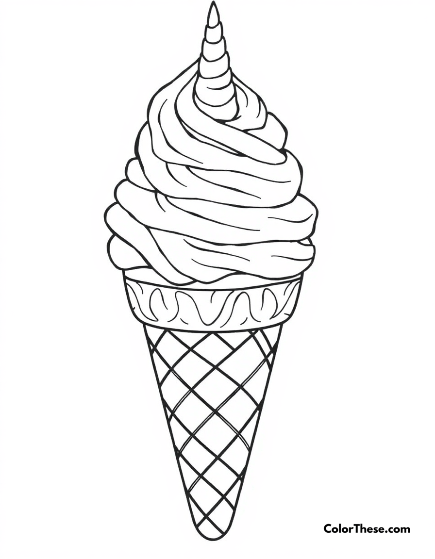 Free printable ice cream unicorn coloring page for kids and adults - A a unicorn-themed ice cream cone with rainbow swirls.