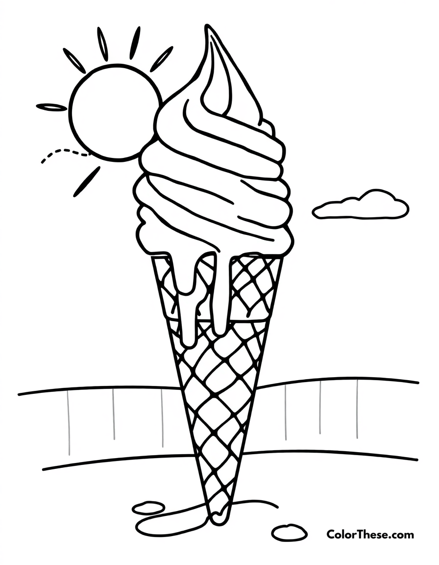 Free printable melted ice cream coloring page for kids and adults - A a melting ice cream cone on a sunny day.