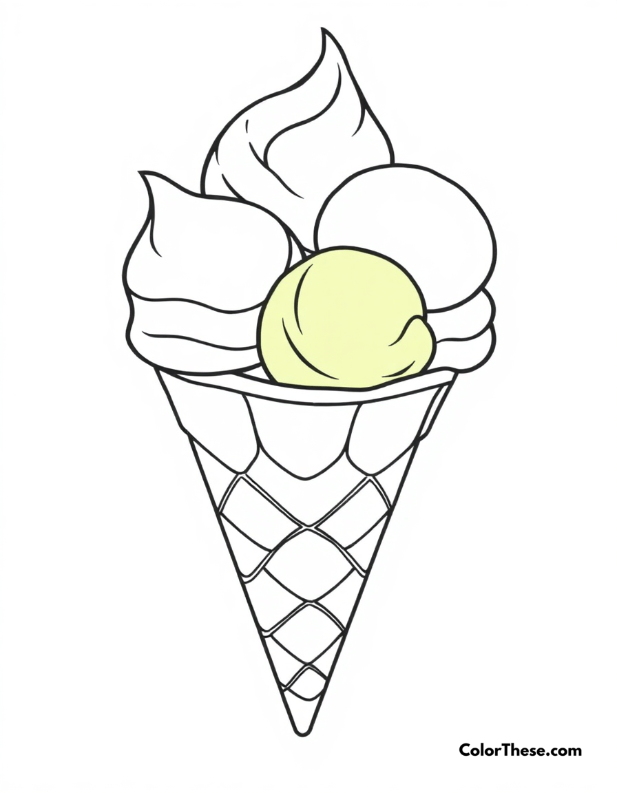 Free printable rainbow ice cream cone coloring page for kids and adults - A an ice cream cone with vibrant scoops.