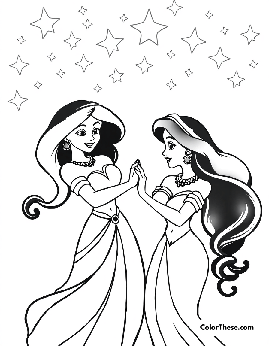 Free printable jasmine (disney) and aladdin dancing coloring page for kids and adults - A jasmine (disney) and aladdin dancing under the stars.