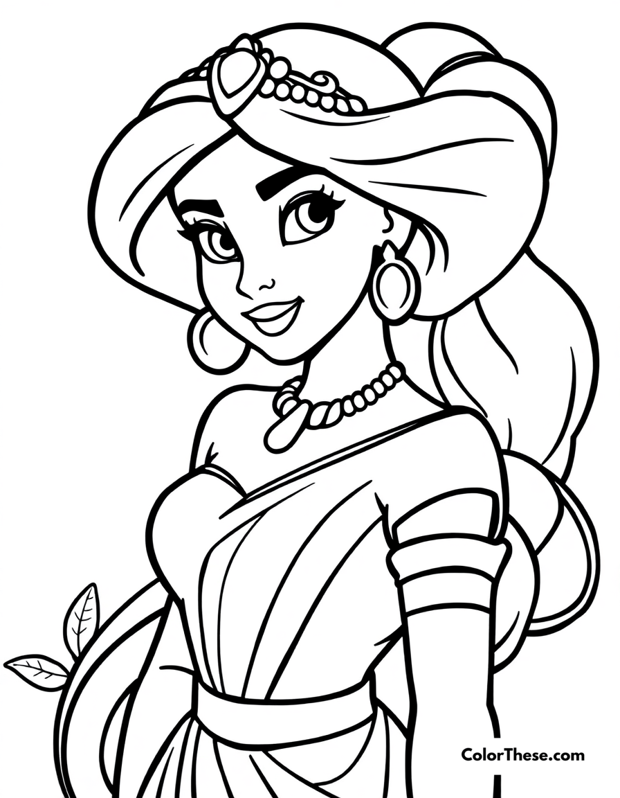 Free printable jasmine (disney) in her blue outfit coloring page for kids and adults - A jasmine (disney) in her stunning blue outfit.