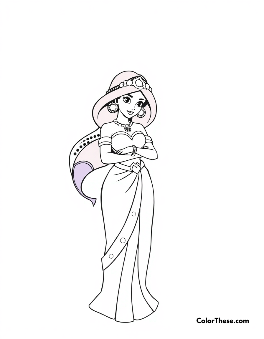 Free printable jasmine (disney) in her purple outfit coloring page for kids and adults - A jasmine (disney) in her stunning purple outfit.