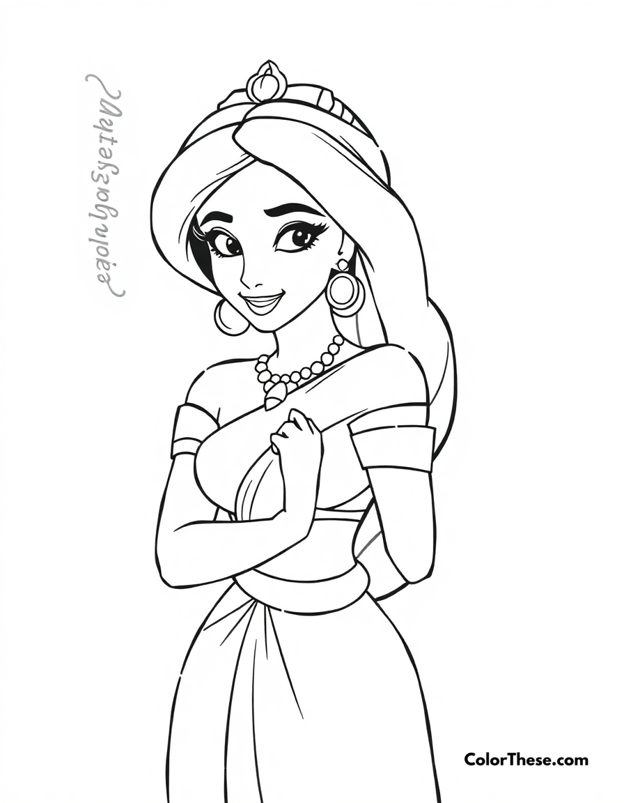 Free printable jasmine (disney) in her red outfit coloring page for kids and adults - A jasmine (disney) in her stunning red outfit.