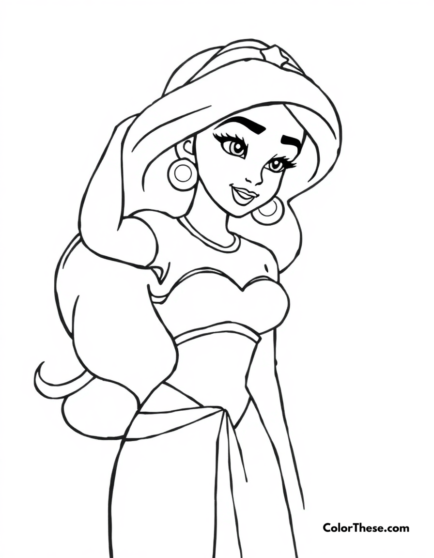 Free printable jasmine (disney) in her teal outfit coloring page for kids and adults - A jasmine (disney) in her iconic teal outfit.