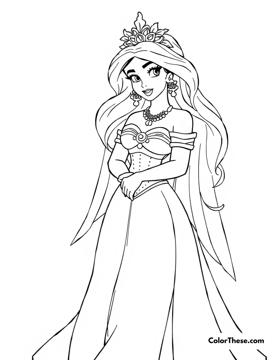 Free printable jasmine (disney) in her wedding dress coloring page for kids and adults - A jasmine (disney) in her beautiful wedding dress.