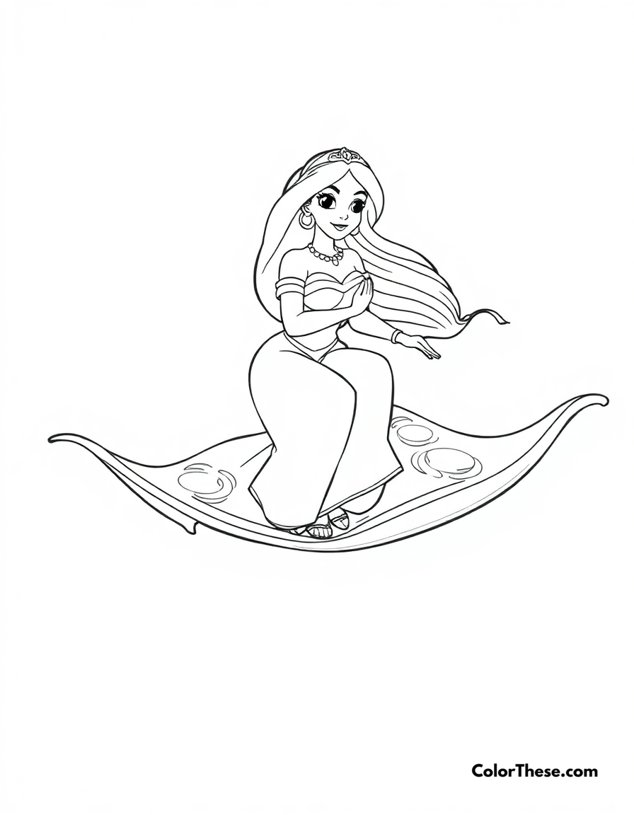 Free printable jasmine (disney) on the magic carpet coloring page for kids and adults - A jasmine (disney) riding the magic carpet with aladdin.