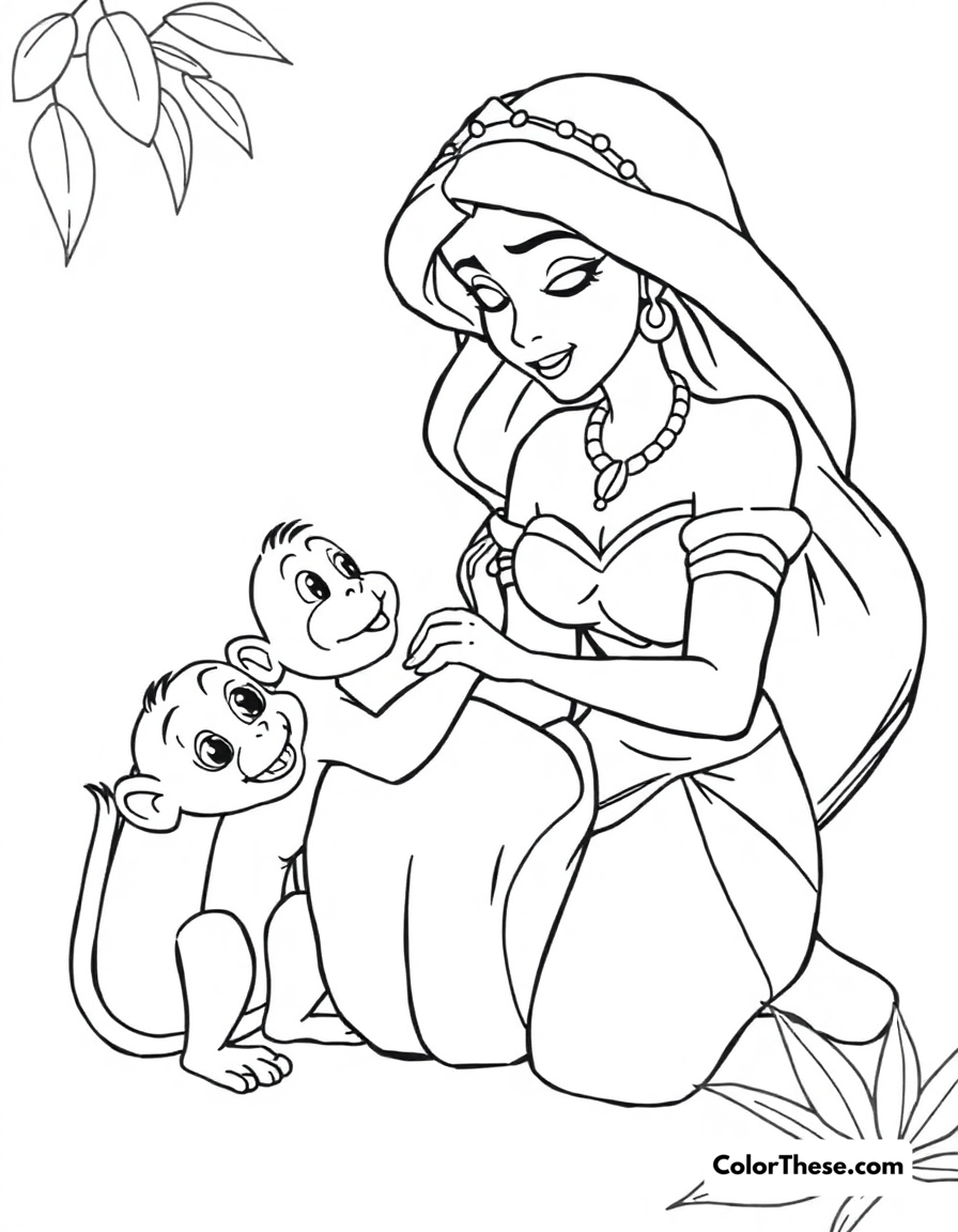 Free printable jasmine (disney) with abu coloring page for kids and adults - A jasmine (disney) playing with abu the monkey.