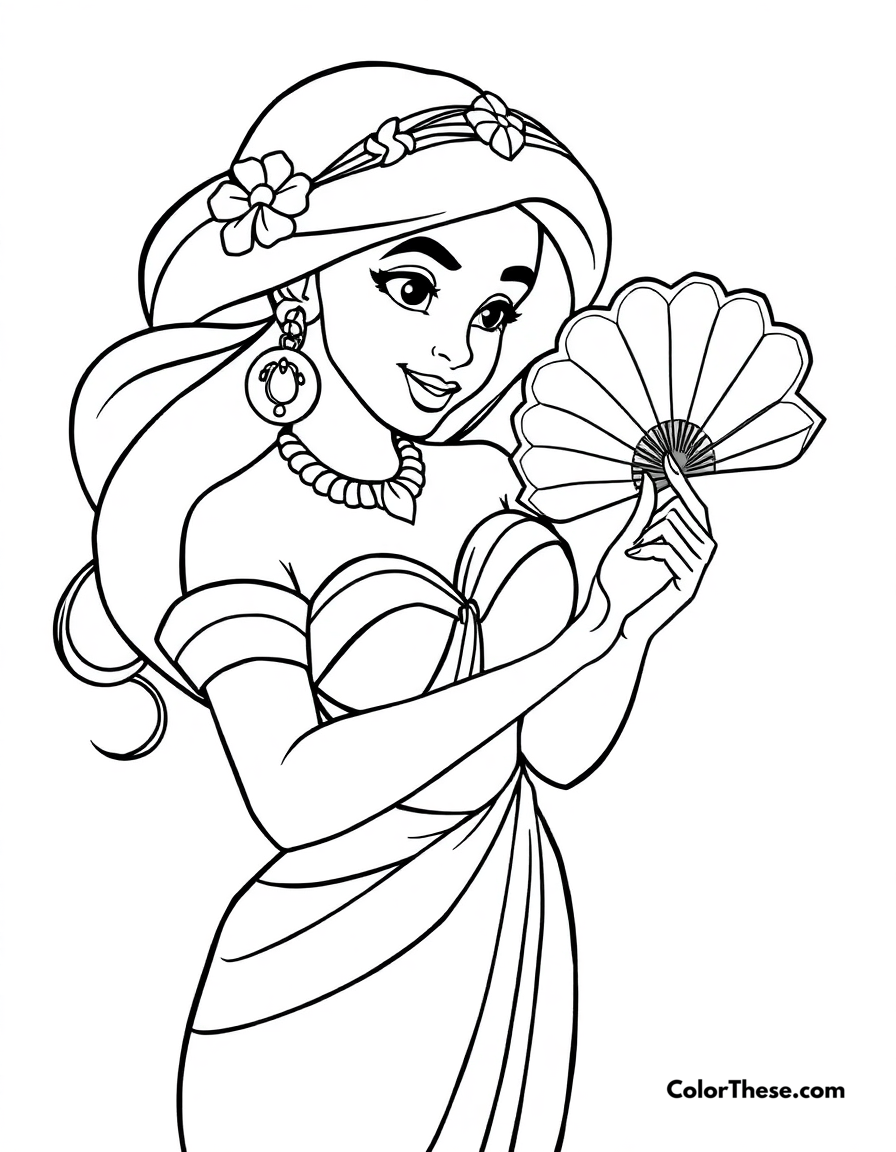 Free printable jasmine (disney) with a fan coloring page for kids and adults - A jasmine (disney) holding an elegant fan.