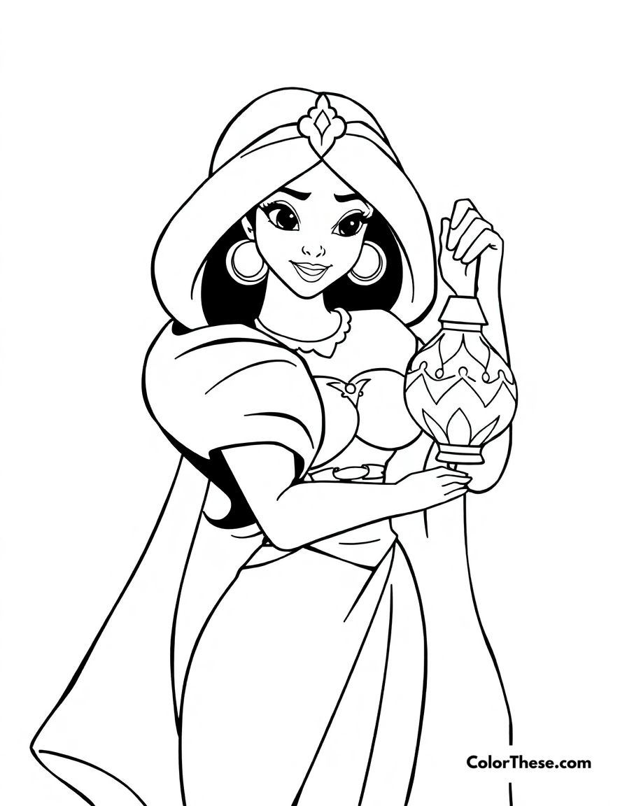 Free printable jasmine (disney) with a lantern coloring page for kids and adults - A jasmine (disney) holding a glowing lantern.