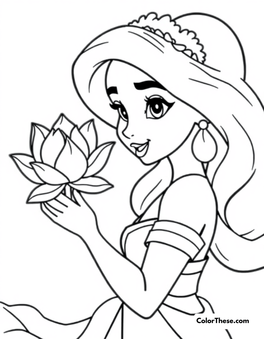 Free printable jasmine (disney) with a lotus flower coloring page for kids and adults - A jasmine (disney) holding a lotus flower.