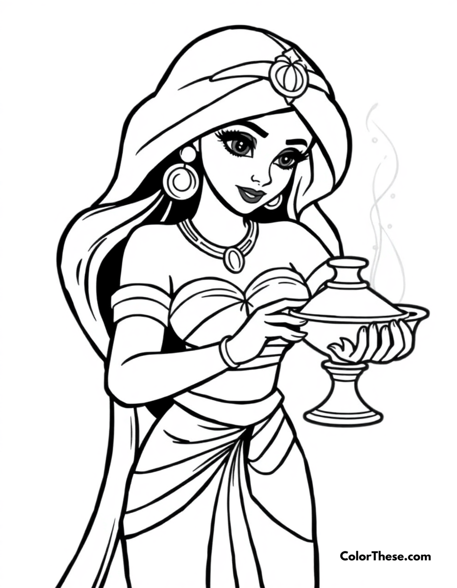 Free printable jasmine (disney) with a magic lamp coloring page for kids and adults - A jasmine (disney) holding the magic lamp.