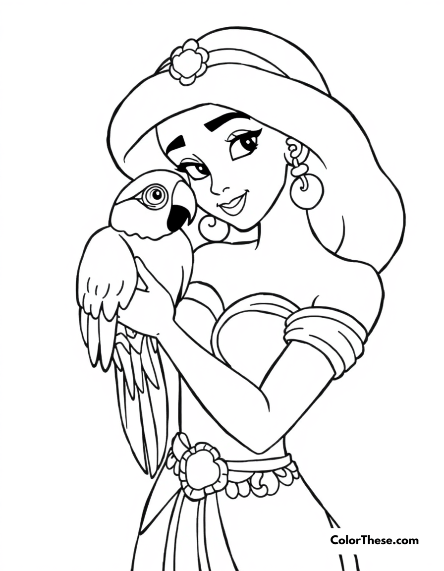 Free printable jasmine (disney) with a parrot coloring page for kids and adults - A jasmine (disney) holding a colorful parrot.