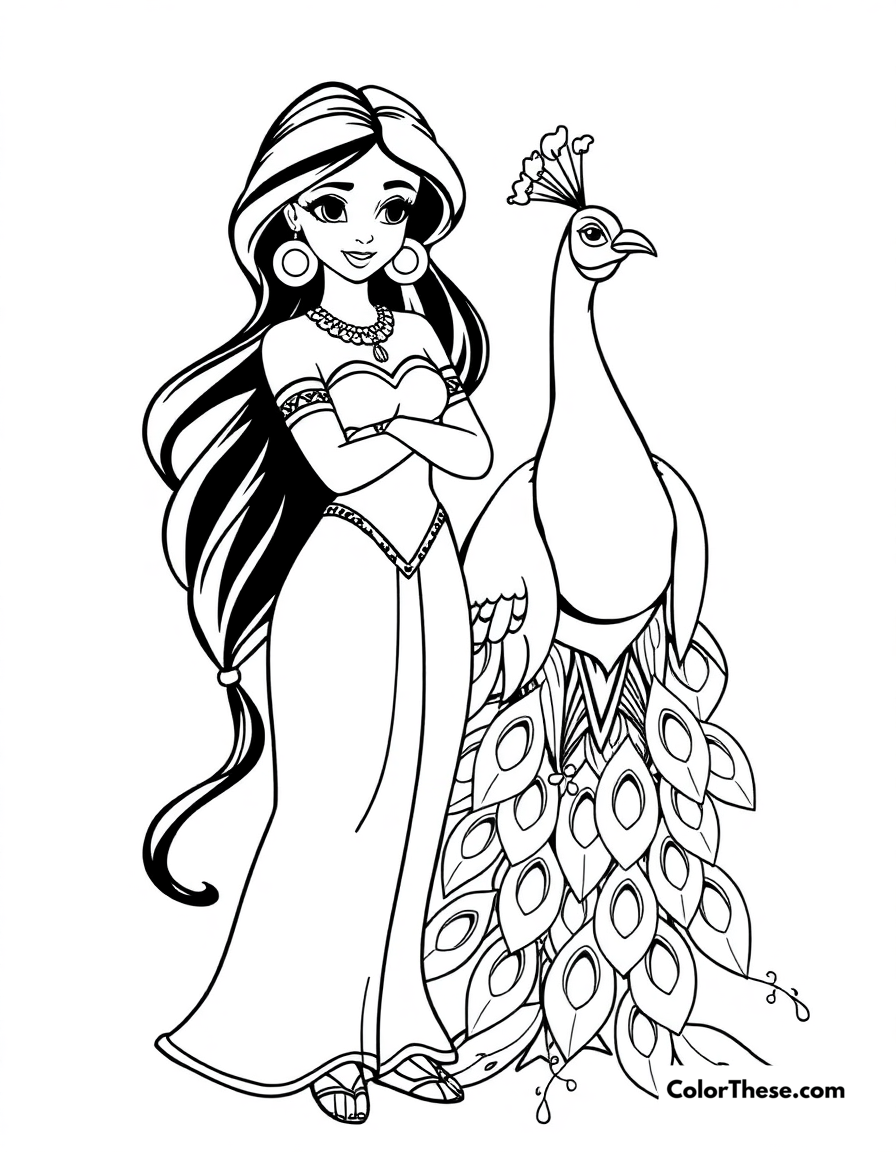 Free printable jasmine (disney) with a peacock coloring page for kids and adults - A jasmine (disney) standing with a majestic peacock.