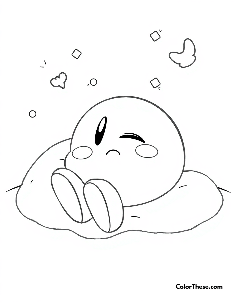 Free printable kirby sleeping coloring page for kids and adults - A kirby taking a peaceful nap.