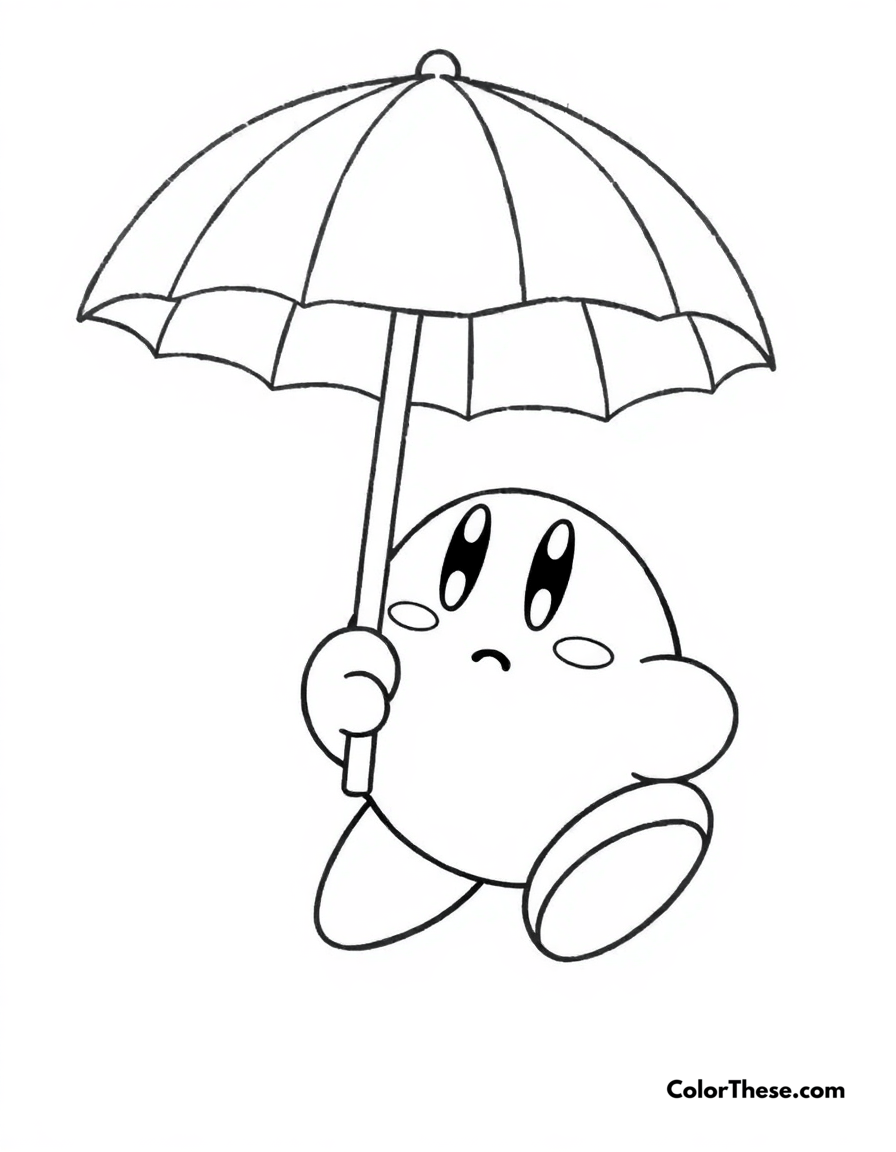 Free printable kirby with parasol coloring page for kids and adults - A kirby holding a cute parasol.