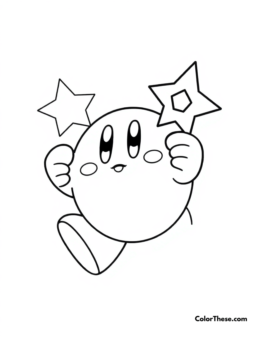 Free printable kirby with star rod coloring page for kids and adults - A kirby holding the star rod, ready for adventure.