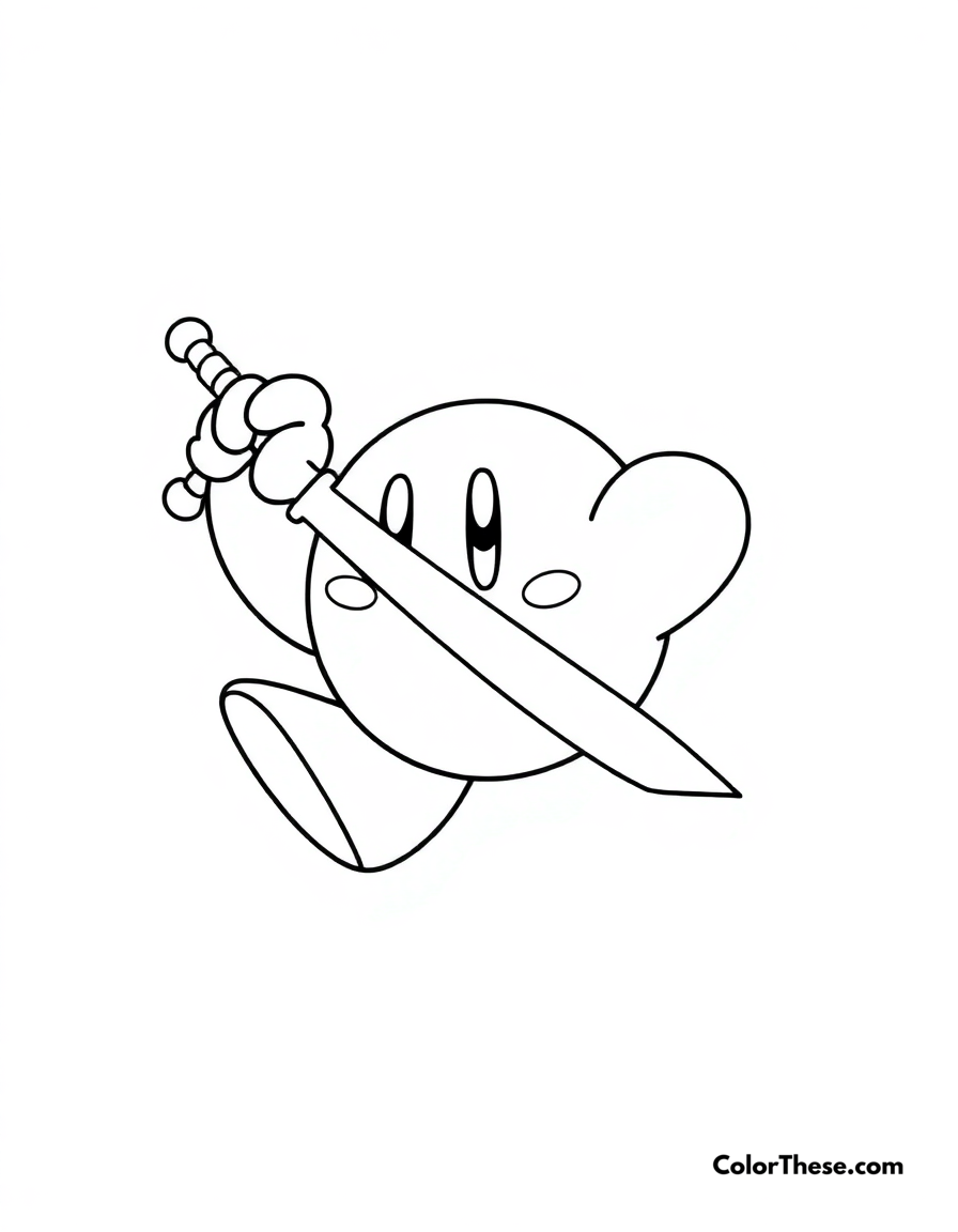 Free printable kirby with sword ability coloring page for kids and adults - A kirby wielding a sword, ready for battle.